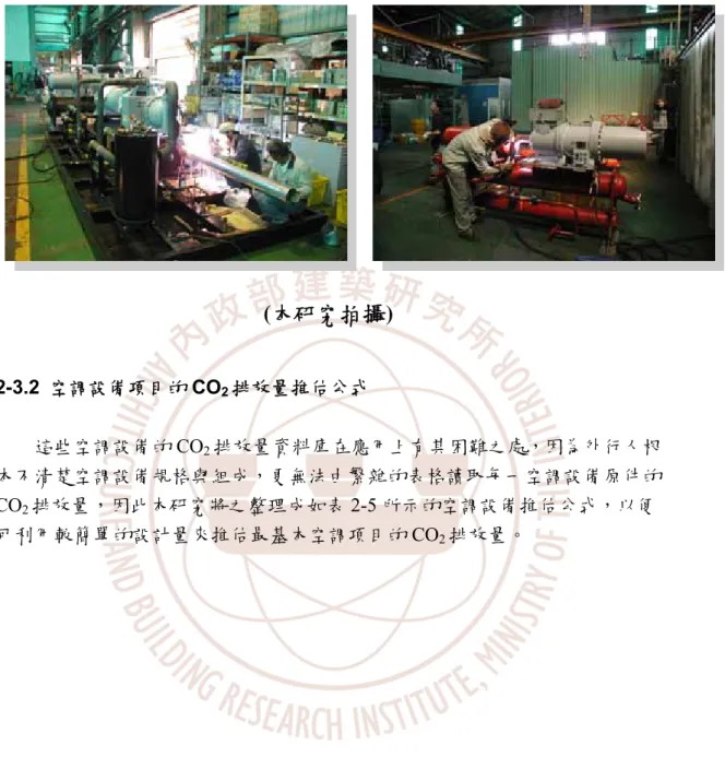 圖 2-4  空調主機壓縮機與熱交換器安裝過程  (本研究拍攝)  2-3.2  空調設備項目的 CO 2 排放量推估公式          這些空調設備的 CO 2 排放量資料庫在應用上有其困難之處，因為外行人根 本不清楚空調設備規格與組成，更無法由繁雜的表格讀取每一空調設備原件的 CO 2 排放量，因此本研究將之整理成如表 2-5 所示的空調設備推估公式，以便 可利用較簡單的設計量來推估最基本空調項目的 CO 2 排放量。 