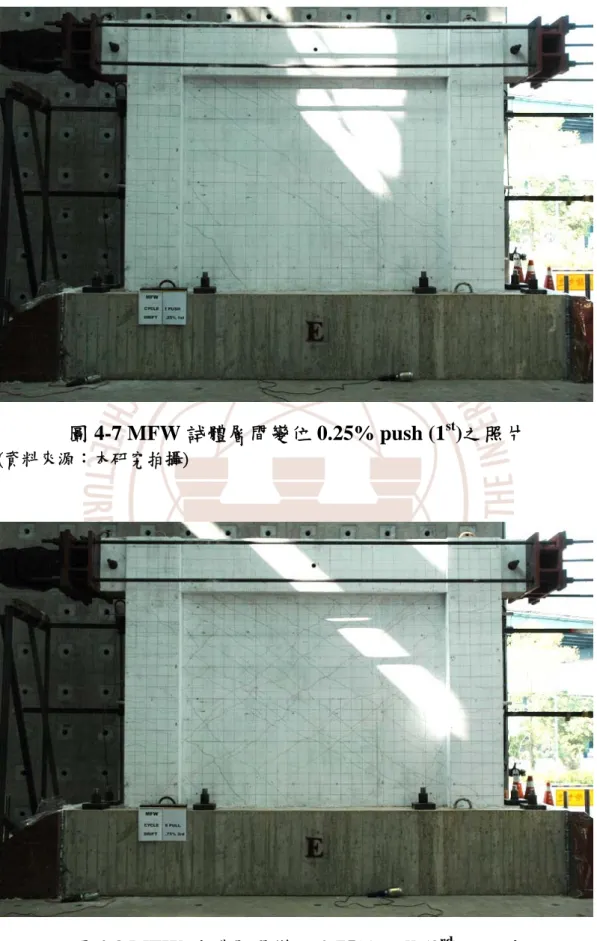 圖 4-7 MFW 試體層間變位 0.25% push (1 st )之照片  (資料來源：本研究拍攝)   