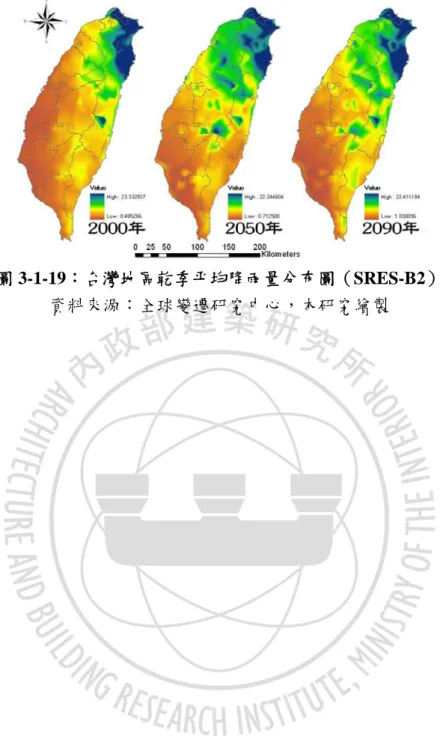 圖 3-1-19：台灣地區乾季平均降雨量分布圖（SRES-B2） 