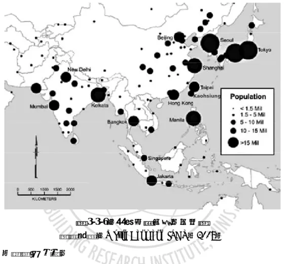 圖 3-3-6：東亞地區大城市分布圖  資料來源：World Bank and ISDR（2008） 