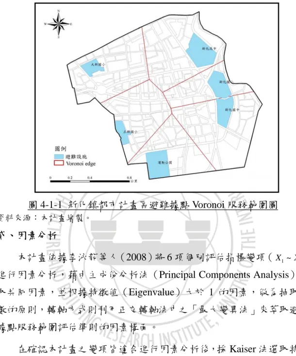 圖 4-1-1  新化鎮都市計畫區避難據點 Voronoi 服務範圍圖 