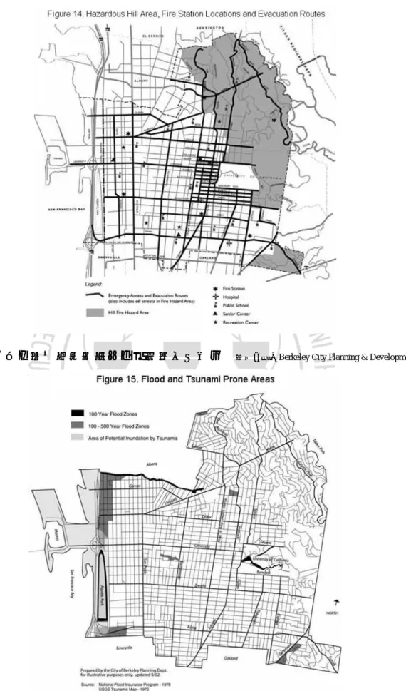 圖 3-2-7  柏克萊市的野火災害及消防設施分析圖     資料來源：Berkeley City Planning &amp; Development (2002)