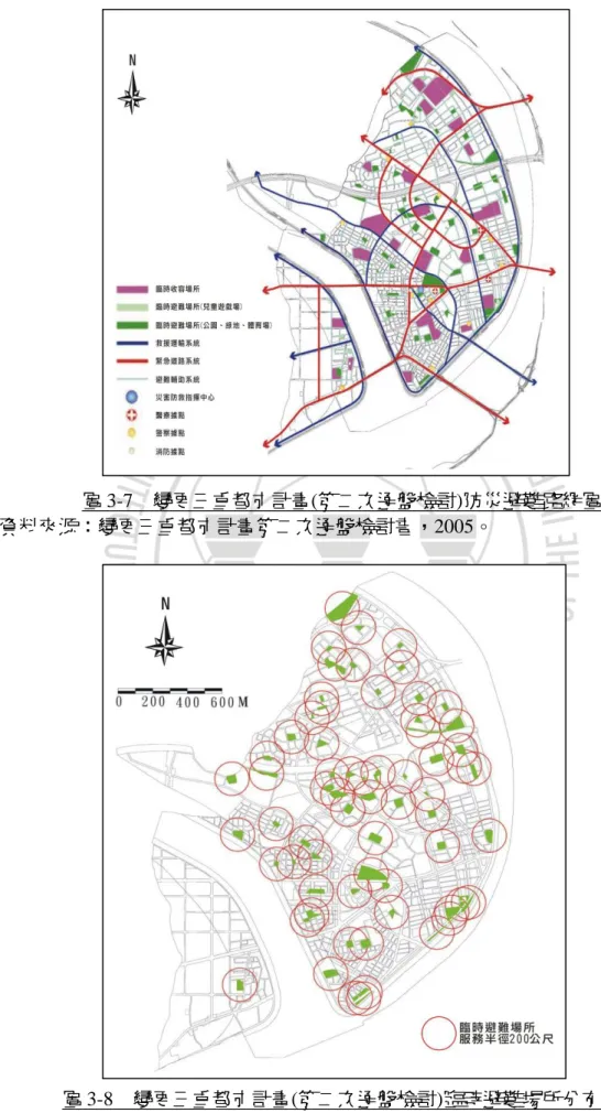 圖 3-7  變更三重都市計畫(第二次通盤檢討)防災避難路網圖  資料來源：變更三重都市計畫第二次通盤檢討書，2005。 
