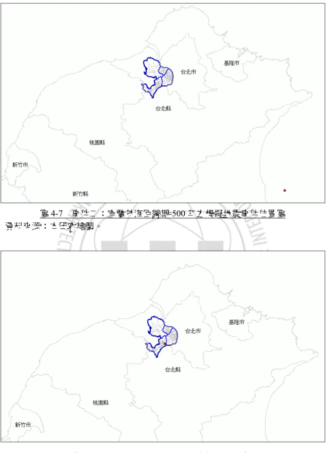 圖 4-7  事件二：宜蘭外海回歸期 500 年之模擬地震事件位置圖  資料來源：本研究繪製。  圖 4-8  事件三：山腳斷層回歸期 500 年之模擬地震事件位置圖  資料來源：本研究繪製。  三、模擬結果  TELES 系統所模擬輸出之最大地表加速度值（PGA 值）愈大，代表地表振動愈