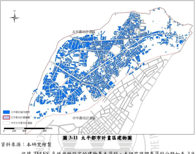 圖 圖圖圖 3-11  太太太 太平平平 平都市計畫區都市計畫區都市計畫區 都市計畫區建物圖建物圖建物圖建物圖 資料來源：本研究繪製 依據 TELES 系統中所設定的建物基本資料，本研究將調查資料分類如表 3-9 所示，分析所建立的太平市建物資料之建築特性，其在建物結構方面，分類為鋼筋 混凝土 (RC)、磚造、加強磚造、木造、土造、鐵皮屋(鐵架撘蓋)等六項。整個太平 都市計畫區的建物以加強磚造為主要的結構，且多分佈於計畫住宅區內佔 76%，並 夾雜新建之鋼筋混凝土之建物結構；其次為鐵架搭蓋，佔 11％，因為