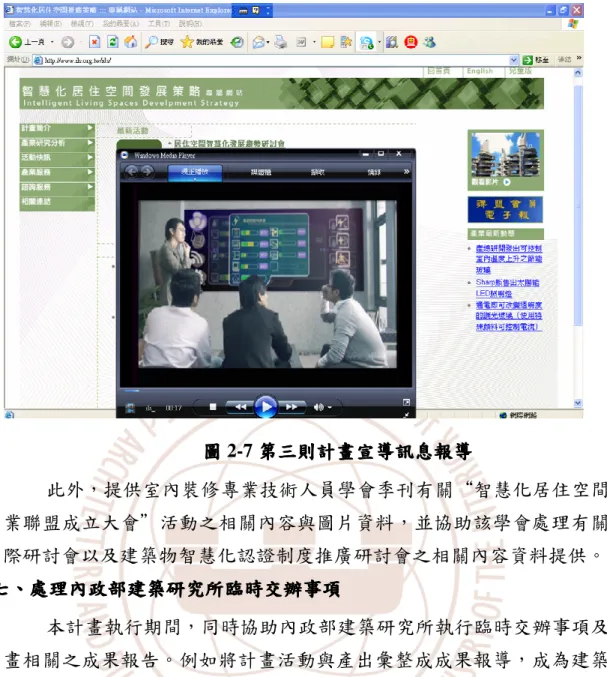 圖 圖 圖 圖 2-7 第 第第 第三三 三則計畫宣導訊息三則計畫宣導訊息則計畫宣導訊息 則計畫宣導訊息報導報導報導 報導  此外，提供室內裝修專業技術人員學會季刊有關“智慧化居住空間產 業聯盟成立大會”活動之相關內容與圖片資料，並協助該學會處理有關國 際研討會以及建築物智慧化認證制度推廣研討會之相關內容資料提供。  七七七 七、、 、處理內政部建築研究所臨時交辦事項、 處理內政部建築研究所臨時交辦事項處理內政部建築研究所臨時交辦事項 處理內政部建築研究所臨時交辦事項  本計畫執行期間，同時協助內政部建築研