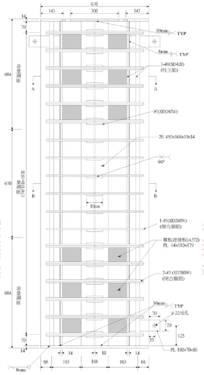 圖 3-2  SRC-B 系列短柱試體縱剖面之配置示意圖 