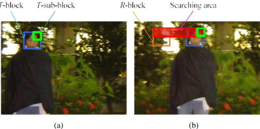 Figure 8.   Searching area of matching sub-R-blocks: (a) a sub-T-block in the T-image; (b) the resized area of searching corresponding sub-R-block candidates in the R-image.