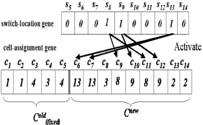Figure 8: Three types of genes used to encode the ex- ex-ample shown in Fig. 1, (a) switch-location genes, (b) switch-connection gene, and (c) cell-assignment genes.