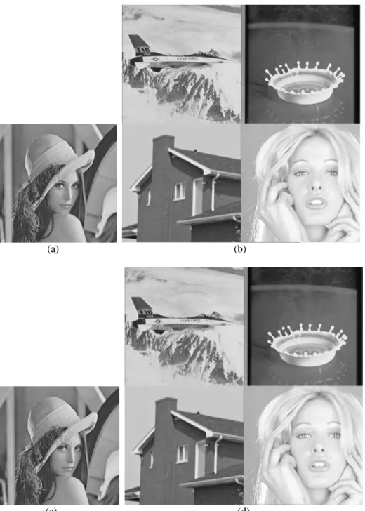 Fig. 2. An example of hiding an important image that is four times larger than the cover image: (a) cover image, (b) important image, (c) stego-image, (d) extracted important image.