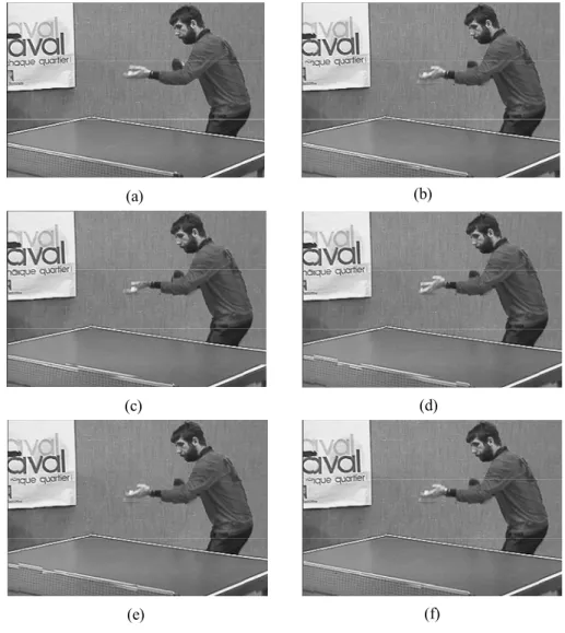 Fig4 A visual comparison using the SIF sequence “ Tennis” motion-compensated                            for: (a) the 66 th  frame of the original sequence (non-compensated); (b)FS, MSE                            =155.7; (c)MFHS,  β=0, MSE=233.2; (d) MFHS, 
