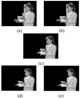 Figure 15. Hierarchical segmentation for Weather  sequence. (a) Object mask fill and block division at  frame #22; (b) The block size is 16 × 16; (c) The  block size is 8 × 8; (d) The block size is 4 ×  4; (e)  The block size is 2 × 2