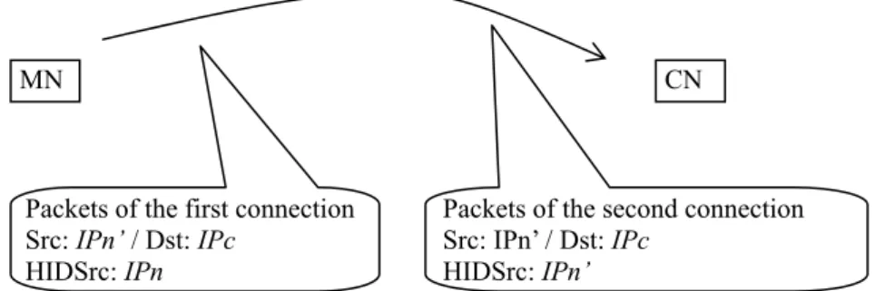 Figure 10 illustrates the Source and Destination IP Addresses and HID Option conveyed in  the IP packet headers for the two concurrent connections after Step (6) of Figure 9,  whereupon the CN can identify correct traffic sources from received HID Option