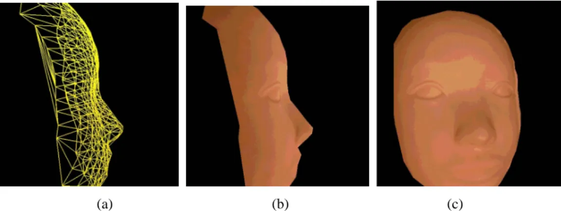 Figure  7.  The  complete  facial  model  obtained  by    integration.  (a)  wireframe  ;  (b)  texture-mapped  model    ;  (c)  Tex- Tex-ture-mapped model from another viewpoint.