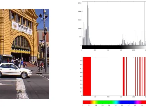 Fig. 3. Unquantized and quantized histograms; left: test image, upper-right: 