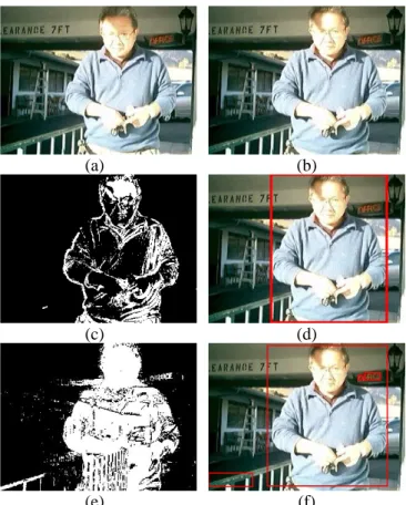 Fig. 10. Example of a small moving object. The object is  far. (a) #1; (b) #2; (c) binarization result obtained by AT;