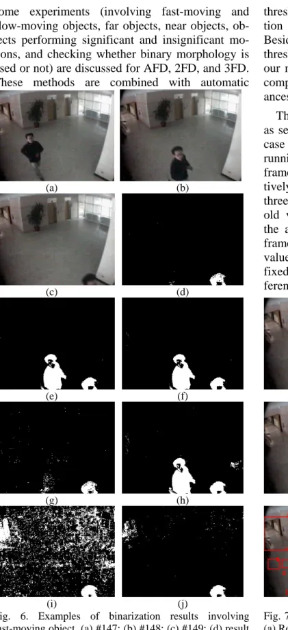 Fig. 6. Examples of binarization results involving  fast-moving object. (a) #147; (b) #148; (c) #149; (d) result  obtained by 3FDAT; (e) result obtained by 2FDAT; (f)  result obtained by AFDAT; (g) result obtained by  3FDFT; (h)  result  obtained by 2FDFT;