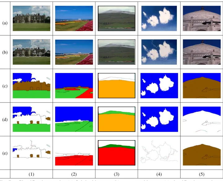 Fig. 7.    Classification results. (a) Original images, (b) segmented images (c) classification results    of two-phase Fuzzy-ART, (d) classification results of RBF, and (e) classification results of LVQ.
