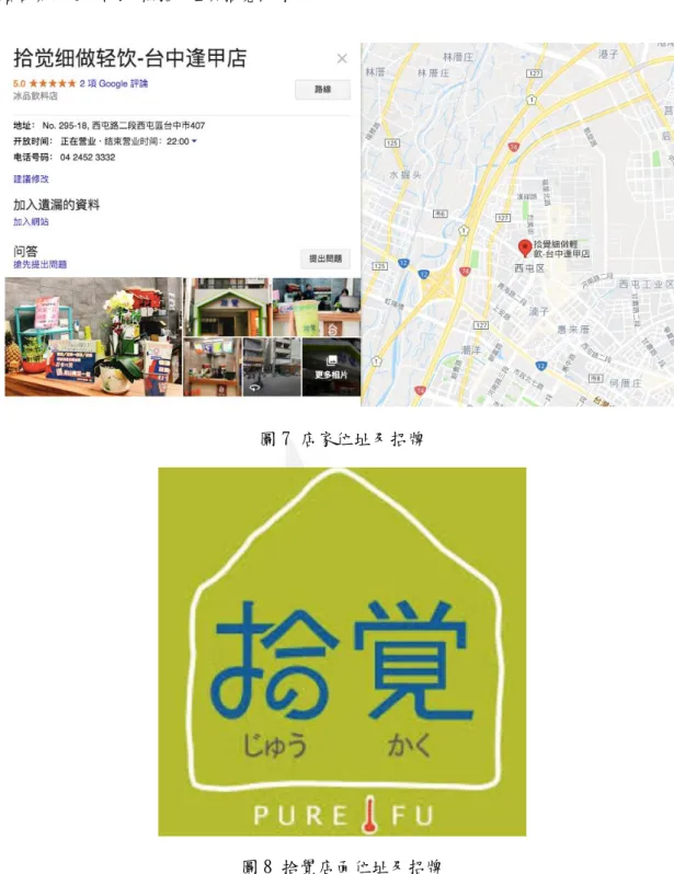 圖 7 店家位址及招牌 圖 8 拾覺店面位址及招牌  3.使命/願景      為了確保產品品質，特地走訪各地尋找能長期配合的優質小農，訂下契約並 定期採購，讓小農免於盤商剝削，也讓顧客喝得到產地直送的健康美味。一杯好 的飲品，除了解渴、補充身體所需元素，更可讓人心情愉快。不同於市面手搖茶 飲，本店的飲品保留新鮮果肉，讓消費者品嚐純粹的同時，亦能感受咀嚼果粒的