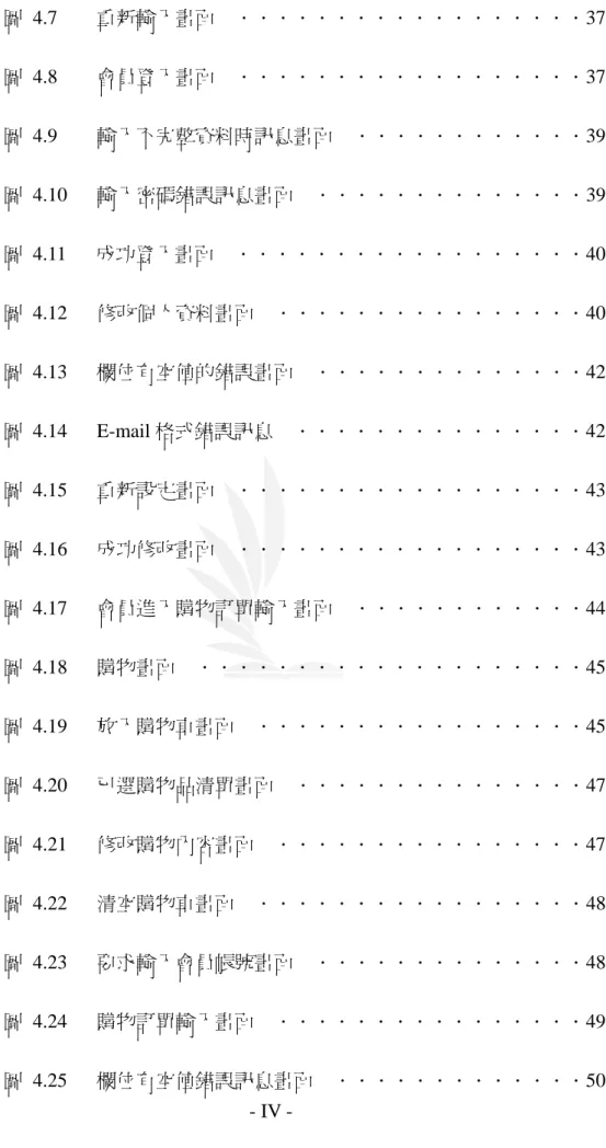 圖 4.7    重新輸入畫面    ．．．．．．．．．．．．．．．．．．37  圖 4.8    會員登入畫面    ．．．．．．．．．．．．．．．．．．37  圖 4.9    輸入不完整資料時訊息畫面    ．．．．．．．．．．．．39  圖 4.10   輸入密碼錯誤訊息畫面    ．．．．．．．．．．．．．．39  圖 4.11   成功登入畫面    ．．．．．．．．．．．．．．．．．．40  圖 4.12   修改個人資料畫面    ．．．．．．．．．．．．．．．．40  圖 4.13   欄