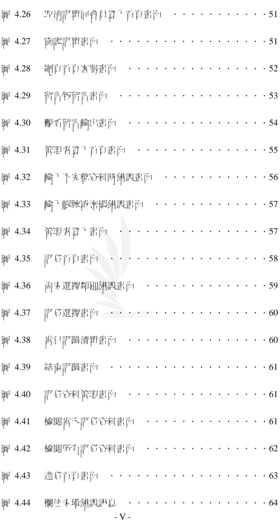 圖 4.26   取消訂單回會員登入首頁畫面    ．．．．．．．．．．．51  圖 4.27   確認訂單畫面    ．．．．．．．．．．．．．．．．．．51  圖 4.28   網頁首頁客服畫面    ．．．．．．．．．．．．．．．．52  圖 4.29   留言版留言畫面    ．．．．．．．．．．．．．．．．．53  圖 4.30   觀看留言輸出畫面    ．．．．．．．．．．．．．．．．54  圖 4.31   管理者登入首頁畫面    ．．．．．．．．．．．．．．．55  圖 4.32   輸