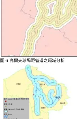 圖 2  27 洞之高爾夫球場分佈查詢  圖 3  民國 80 年後核准開發使用高球場查詢  圖 4 民國 80 年後核准開發使用高球場查詢  圖 5 距省道 1 公里內之高爾夫球場查詢  圖 6  高爾夫球場距省道之環域分析  圖 7 高爾夫球場距南崁溪之環域分析 圖 8 高爾夫球場數統計直方圖 圖 9 球場到台北車站之最短路徑 