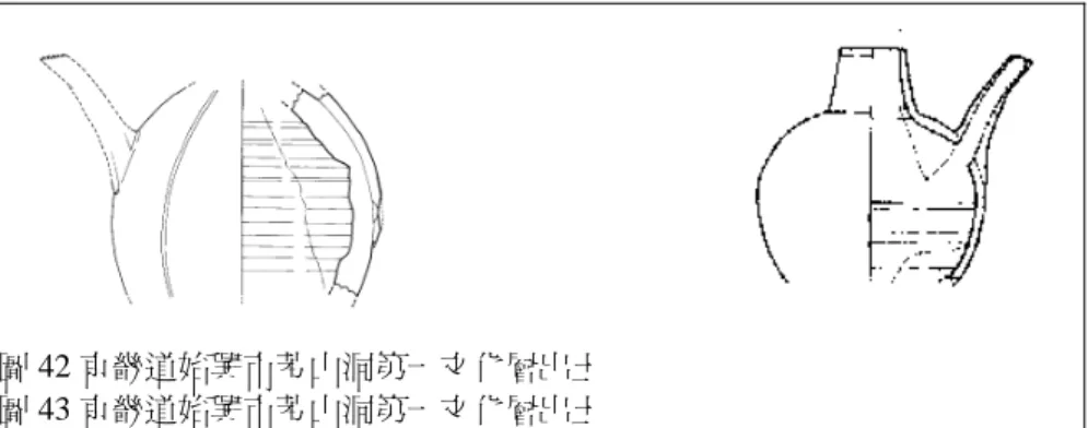 圖 42 京畿道始興市芳山洞第一文化層出土  圖 43 京畿道始興市芳山洞第一文化層出土 陸、結論  根據考古資料，運用類型學的方法與參考窯址發掘的地層關係，筆者將早期 高麗青瓷分為二期，茲說明各期的時代特徵如下：  第一期（十世紀後半葉） ：生產中心以京畿道為主，例如黃海南道峰川郡圓 山里窯、京畿道始興市芳山洞窯、京畿道楊州郡釜谷里窯址等。根據黃海南道峰 川郡圓山里窯址第二座四層出土「淳化三年（西元九九二年）」銘青瓷片，可知 此窯場所生產瓷器的時間下限為十世紀後半。  此時期的高麗青瓷的特色，胎骨一般較堅