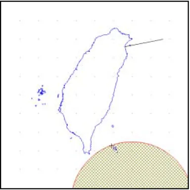 圖 7：2001 年 9 月 25 日 Aerosonde 飛行路徑與颱風(Lekima, 格線圓框)位置 
