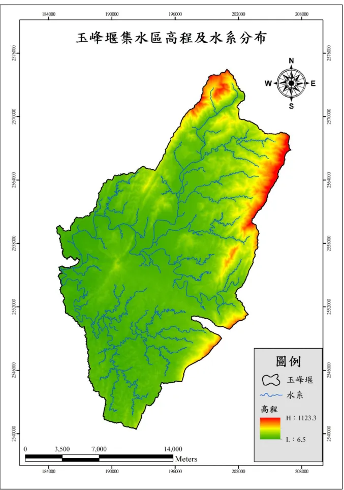 圖 1-4、玉峰堰集水區高程及門檻值 50000 水系分布圖 
