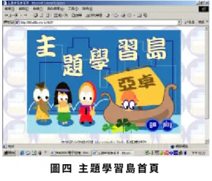 圖 四   主 題 學 習 島 首 頁   (一) 系統功能介紹  本系統因為使用目的的不同，所以共分 成六種身份：  1.  學生：學生進入本系統的目的為進行網路 化主題式學習，在學習的過程中，接受其 他人的協助。  2