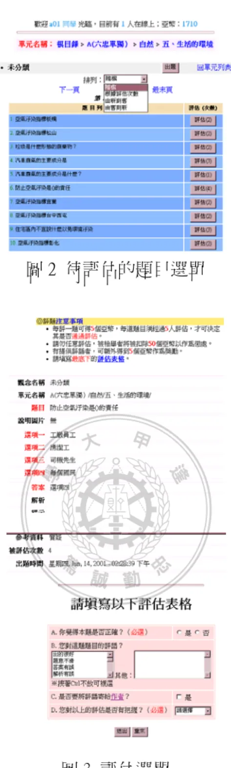 圖 2 待評估的題目選單  圖 3 評估選單  3. 瀏覽題目：學生按下「瀏覽題目」後，即出現待瀏覽的題目之選單（如圖 4） 。 點選題目後，即可看到題目完整內容（如圖 5） ，包括：題目、選項、正確答 案、哪些人評估過，其對本題目的評語為何和有把握程度，但需花費一個亞卓 幣。若學生於瀏覽題目時，發現有錯或疑問，可在最下面的表單，提供作者建 議。 