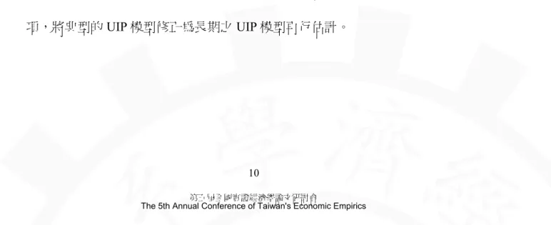 表 4.  列出透過典型 UIP 之檢定模型估計結果，估計所得之係數α介於-0.051 至 0.099 之間，而利率差之係數β約介於-0.027 至 0.008 之間，其中 16 個國家中，