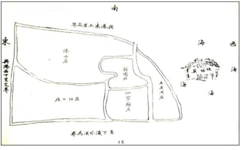 圖 2-12    鳳山縣琉球新園里（1885 年）  資料出處：翻攝自「琉球新園里圖」，原圖載於臺灣研究叢刊第  一九七種《淡新鳳三縣簡明總括圖冊》（台北：臺灣  銀行經濟研究室，1964 年），頁 96。  據圖 2-12，在白沙尾標示有象徵性之房舍數間，代表該地已發展成相當程度 的聚落。直到光緒 20 年（1894 年）台灣割日前夕，小琉球的人口已經成長至四 百餘戶，男女二、三千口，共分為澳、莊各六。 59 如同戴炎輝所云：「莊者，散 處各地，住民大率以耕稼、伐木、捕魚為業之地。」也就是指居民以從事第