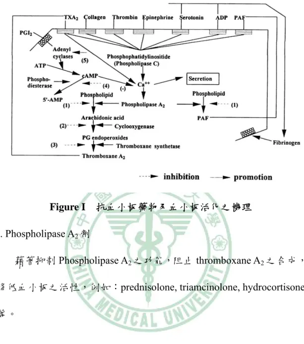 Figure I    抗血小板藥物及血小板活化之機理 