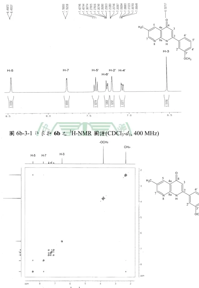 圖 6b-3-1 化合物 6b 之 1 H-NMR 圖譜(CDCl 3 -d 1 , 400 MHz) N NHOCH3 OCH 32' 4' 5'6'3573'24a48a8 N N H OCH3 OCH 32' 4' 5'6'3573'24a48a8 圖 6b-4 化合物 6b 之 1 H- 1 H COSY (CDCl 3 -d 1 , 400 MHz) 
