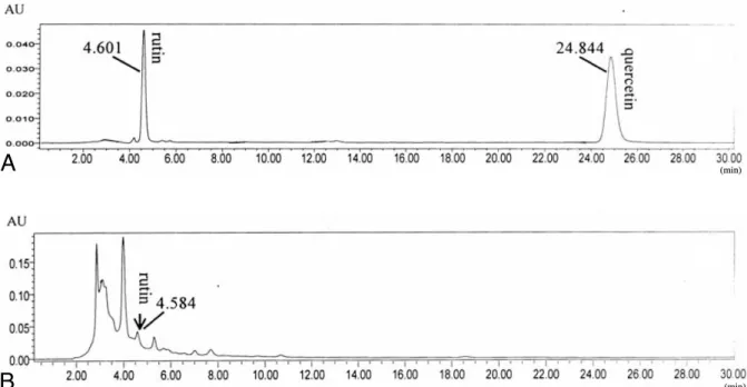 Fig. 4. A: HPLC chromatograms of standards (rutin and quercetin). B: HPLC chromatograms of HBW