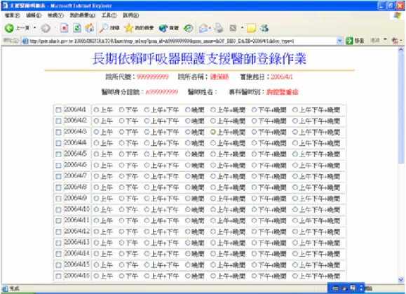 圖 4- 8  長期依賴呼吸器照護醫師登錄作業－支援時段登錄畫面