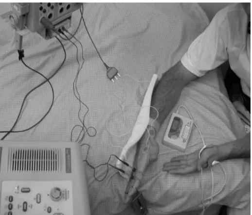 圖 3.6.  表皮反射受試者與實驗設備的實際照片。Subjects were seated  with the forearm supported by a splint