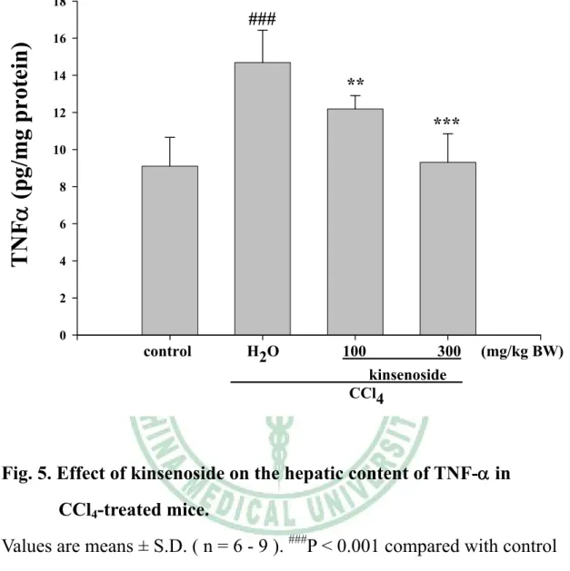 Fig. 5. Effect of kinsenoside on the hepatic content of TNF-α in  CCl 4 -treated mice