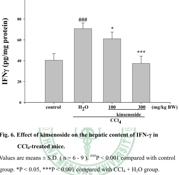 Fig. 6. Effect of kinsenoside on the hepatic content of IFN-γ in  CCl 4 -treated mice