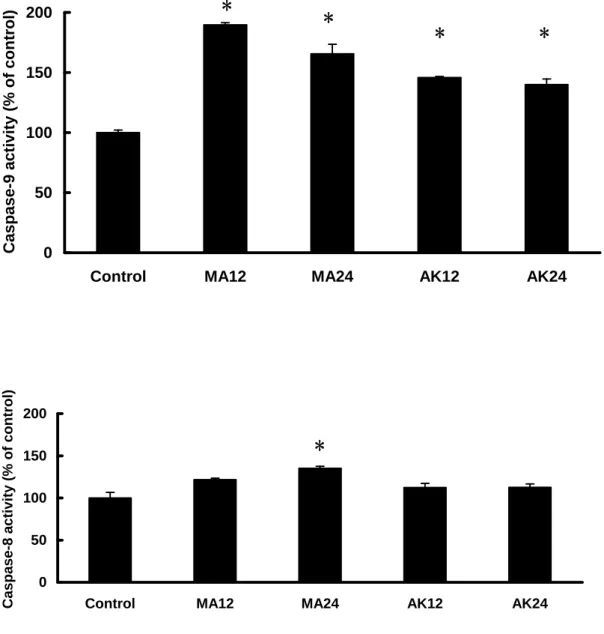 Figure 5. The effects of MA and AK on caspase-9 and -8 activities. HEp-2 cells were  treated with 50 μg/mL of test agents for 12 or 24 hours