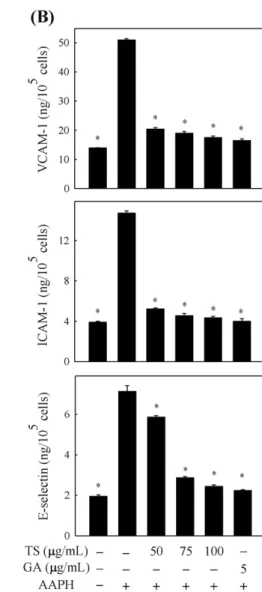 Fig. 7. TS extracts and gallic acid suppressed AAPH-induced VCAM-1, ICAM-1, and E-selectin expression (A) and secretion (B) in ECs