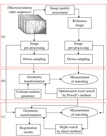 Figure 4. Typical block diagram of automatic registration. (a) Assessment of reference image and preprocessing applied to video sequences