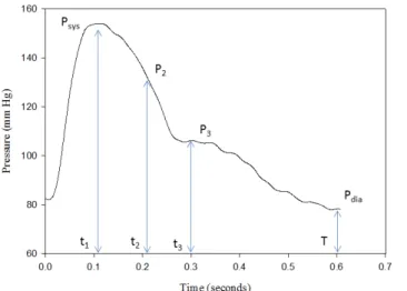 Fig. 2. The definitions of pressure and time symbols on the waveform of brachial artery.