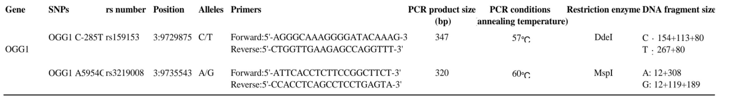 Table 1 Characteristics of the OGG1 genetic polymorphisms and PCR condition for genotyping analysis