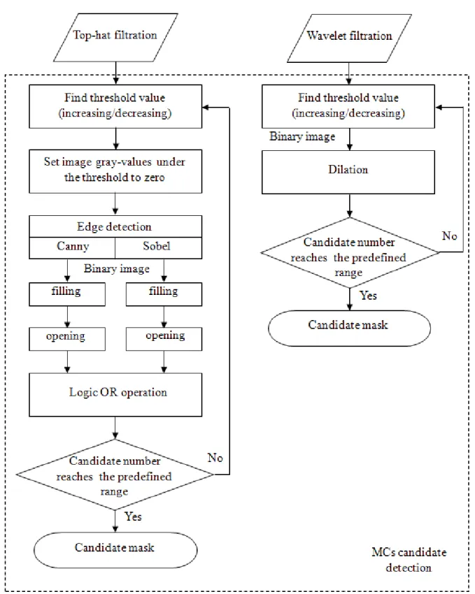 Figure 6: The flowchart of MC candidate detection in the top-hat- and wavelet-filtered images.