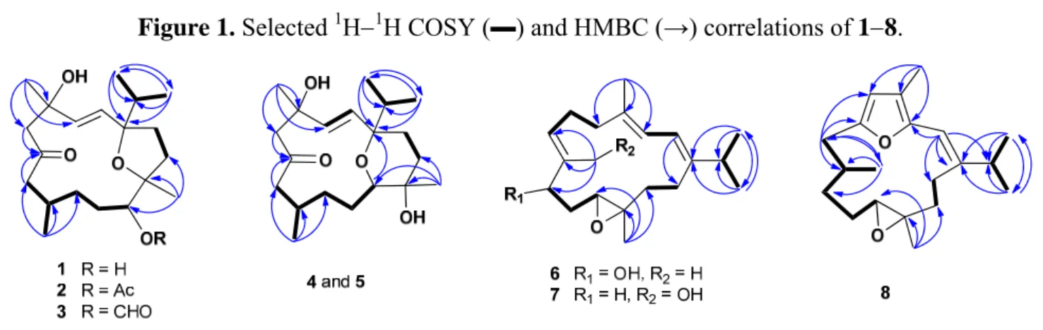 Figure 1. Selected  1 H 1 H COSY (▬) and HMBC (→) correlations of 18. 