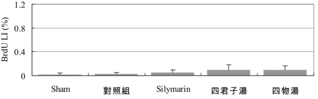 圖 4.15  部分肝切除後之 BrdU IHC 染色。3 小時：(A)對照組；(B)Silymarin 組；(C)四君子組；(D)四物湯組。72 小時之 BrdU IHC 染色：(E)對照組；