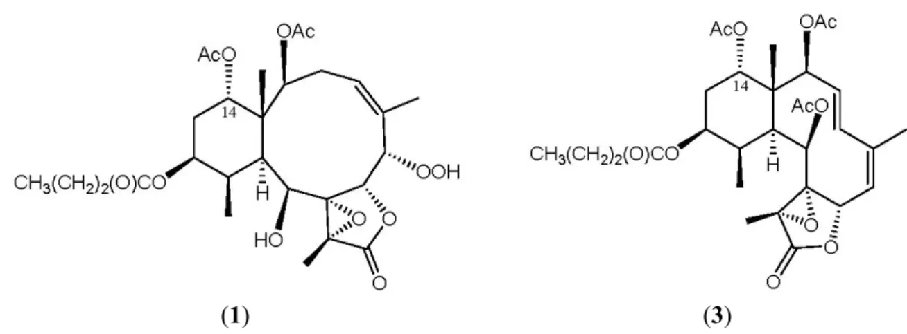 Figure 2. The structures of briarenolide F (1) and excavatolide F (3). 