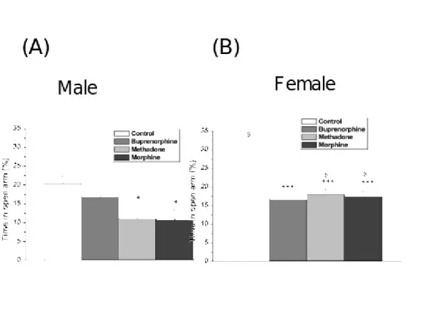Figure 5. Effects of prenatal exposure to buprenorphine, methadone and morphine in the elevated plus maze test